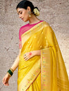 Mustard Yellow Zari Woven Banarasi Silk Saree With Contrast Blouse