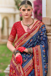 Navy Blue and Red Patola Printed Silk Saree