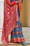 Navy Blue and Red Patola Printed Silk Saree