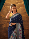 Navy Blue Banarasi Organza Silk Saree With Contrast Blouse