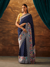 Navy Blue Banarasi Organza Silk Saree With Contrast Blouse