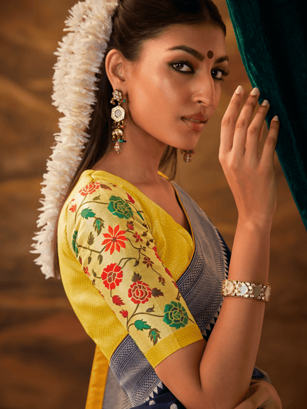 Navy Blue Banarasi Organza Silk Saree With Contrast Blouse