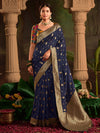 Navy Blue Banarasi Silk Saree With Gold Zari Work