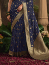 Navy Blue Banarasi Silk Saree With Gold Zari Work