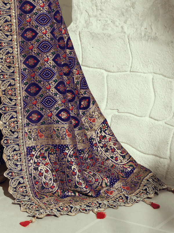 Navy Blue Bandhani Banarasi Georgette Saree With Contrast Blouse