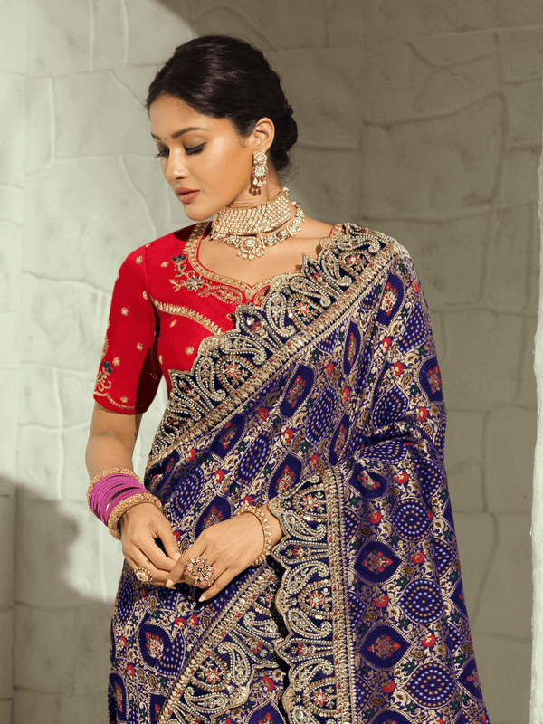 Navy Blue Bandhani Banarasi Georgette Saree With Contrast Blouse