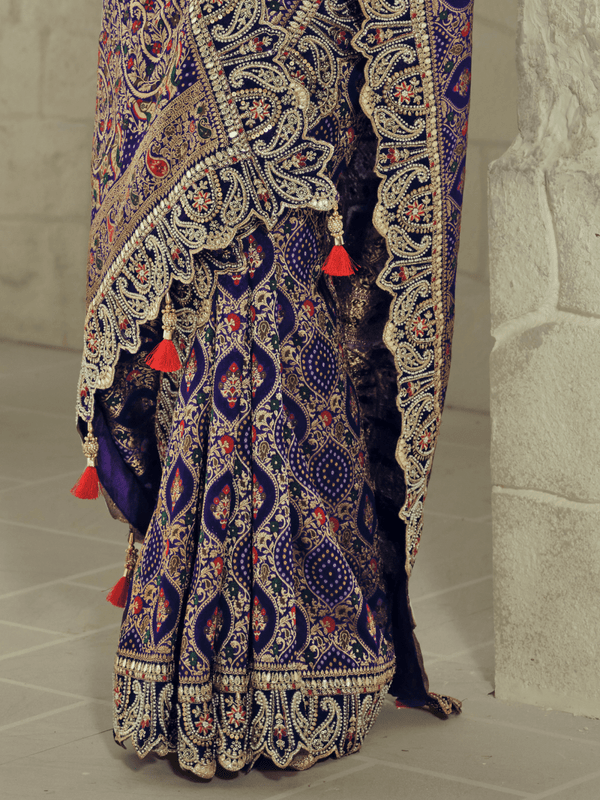 Navy Blue Bandhani Banarasi Georgette Saree With Contrast Blouse
