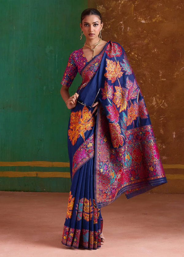 Navy Blue Kashmiri Kani Jamawar Cotton Saree