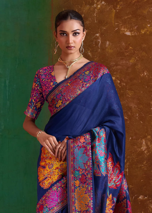 Navy Blue Kashmiri Kani Jamawar Cotton Saree