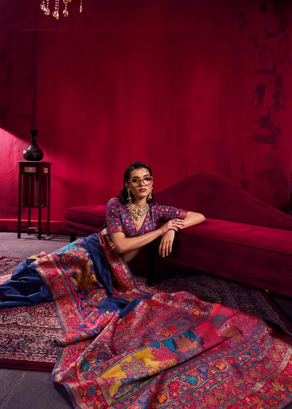 Navy Blue Kashmiri Pashmina Silk Saree