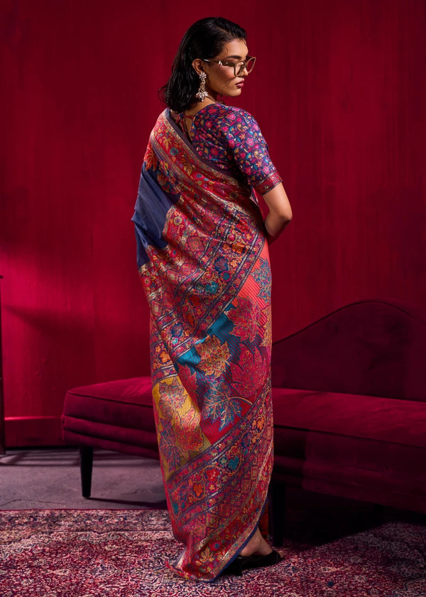 Navy Blue Kashmiri Pashmina Silk Saree