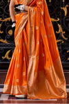 Neon Orange Handloom Satin Silk Saree