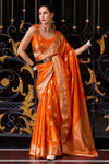 Neon Orange Handloom Satin Silk Saree