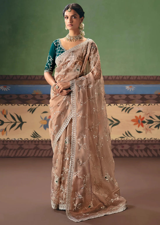 Nude Beige Organza Silk Saree with Bottle Green Contrast Blouse