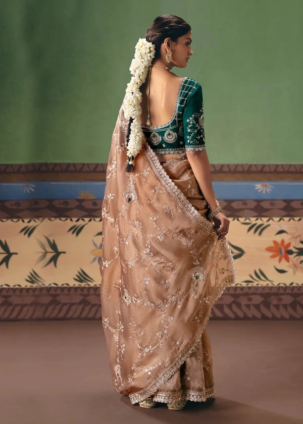 Nude Beige Organza Silk Saree with Bottle Green Contrast Blouse