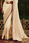 Off White Designer Banarasi Dola Silk Saree With Golden Zari Work