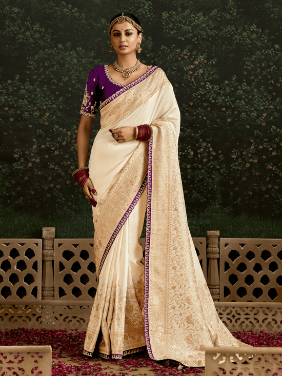 Off White Designer Banarasi Dola Silk Saree With Golden Zari Work
