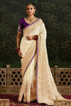 Off White Designer Banarasi Dola Silk Saree With Golden Zari Work