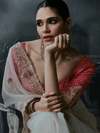 Off White Embroidered Designer Organza Silk Saree With Contrast Blouse