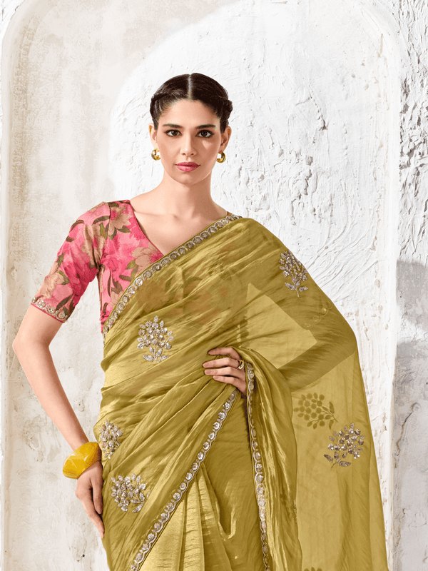 Olive Gold Embroidered Designer Organza Silk Saree With Contrast Blouse