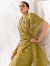 Olive Gold Embroidered Designer Organza Silk Saree With Contrast Blouse