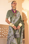 Olive Green And Grey Banarasi Silk Saree With Floral Design