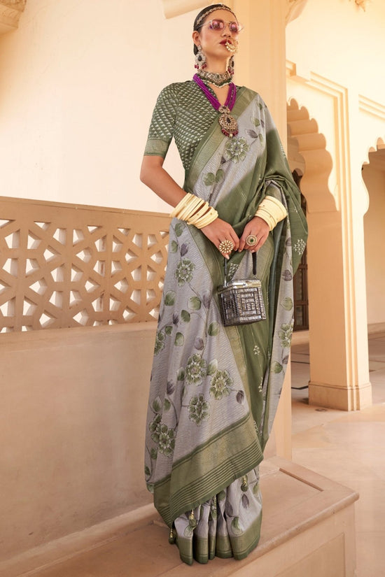 Olive Green And Grey Banarasi Silk Saree With Floral Design