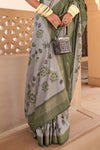 Olive Green And Grey Banarasi Silk Saree With Floral Design