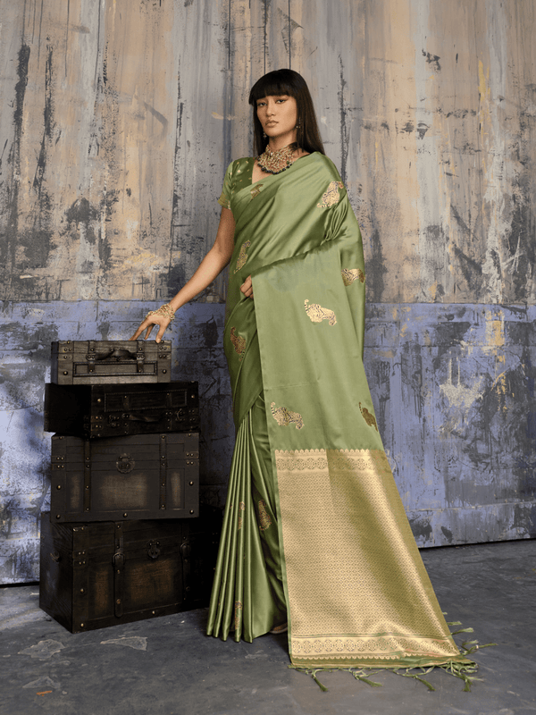 Olive Green Banarasi Satin Silk Saree