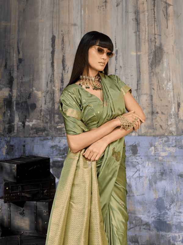 Olive Green Banarasi Satin Silk Saree