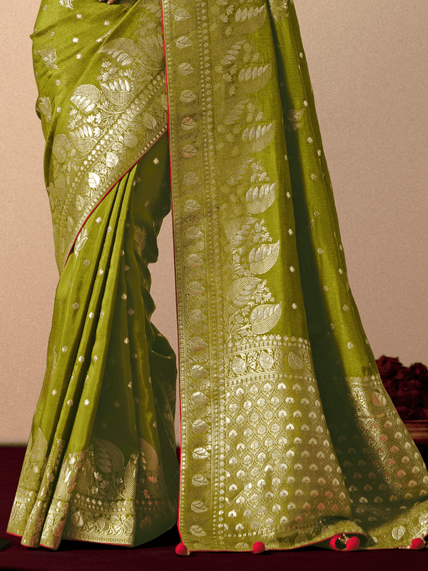 Olive Green Banarasi Silk Saree With Contrast Blouse