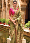 Olive Green Banarasi Silk Saree With Contrast Blouse