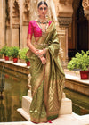 Olive Green Banarasi Silk Saree With Contrast Blouse