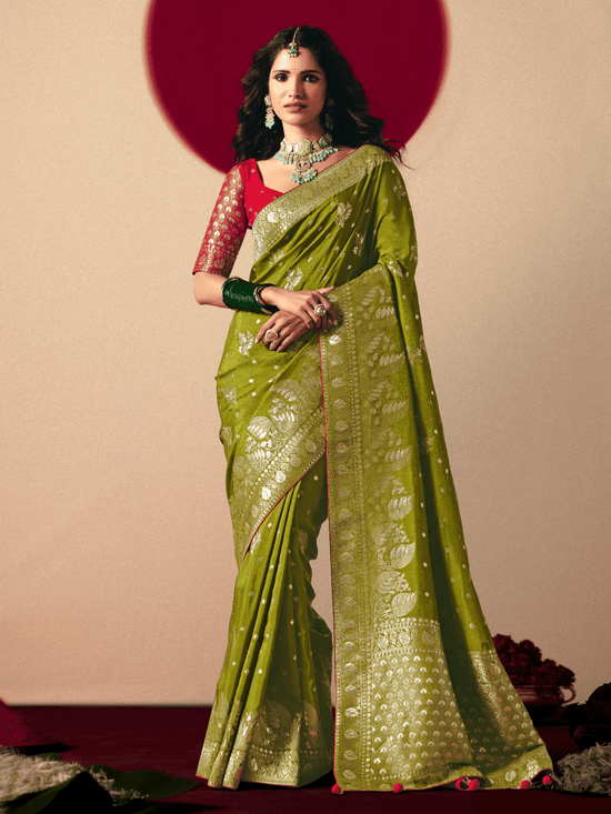 Olive Green Banarasi Silk Saree With Contrast Blouse