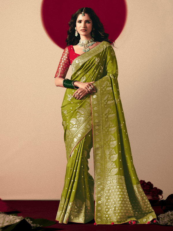Olive Green Banarasi Silk Saree With Contrast Blouse