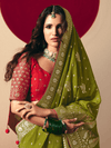 Olive Green Banarasi Silk Saree With Contrast Blouse