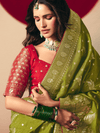 Olive Green Banarasi Silk Saree With Contrast Blouse