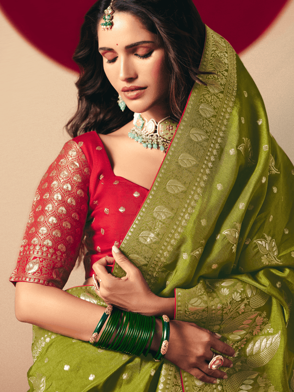Olive Green Banarasi Silk Saree With Contrast Blouse