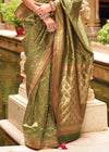 Olive Green Banarasi Silk Saree With Contrast Blouse