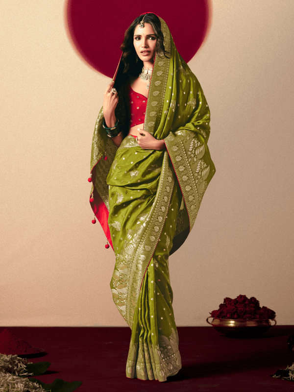 Olive Green Banarasi Silk Saree With Contrast Blouse