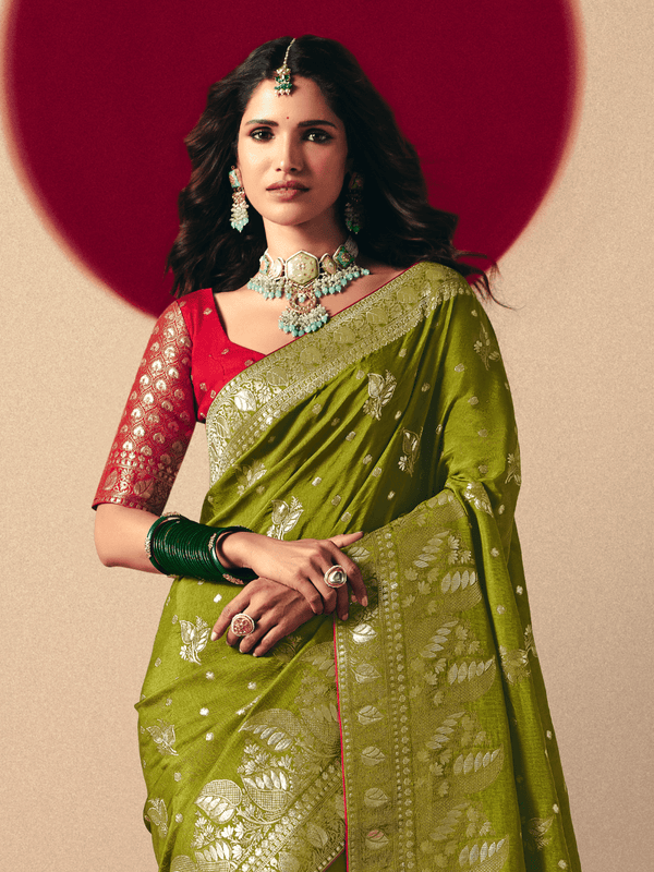 Olive Green Banarasi Silk Saree With Contrast Blouse