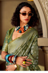 Olive Green Banarasi Tissue Silk Saree