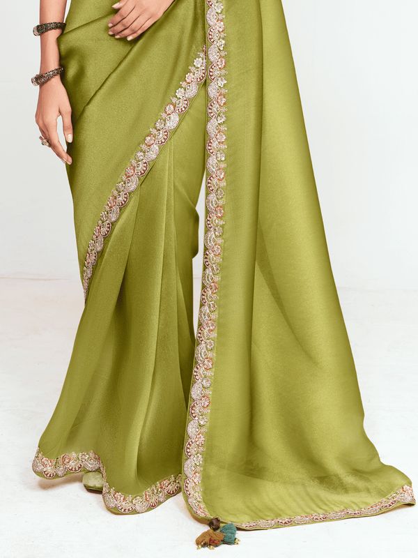 Olive Green Designer Satin Silk Saree With Contrast Blouse