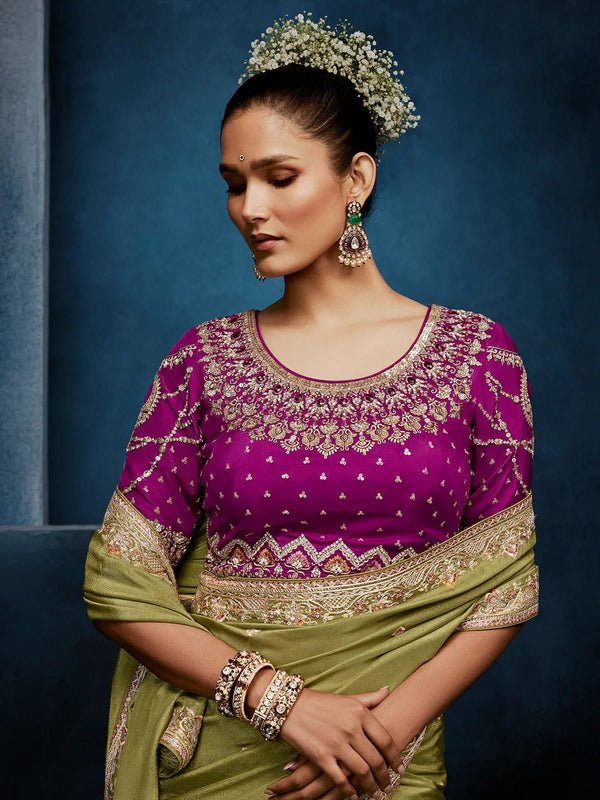 Olive Green Designer Silk Saree with Contrast Magenta Blouse