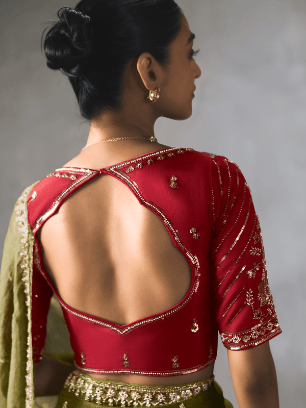 Olive Green Designer Tissue Silk Saree With Contrast Blouse