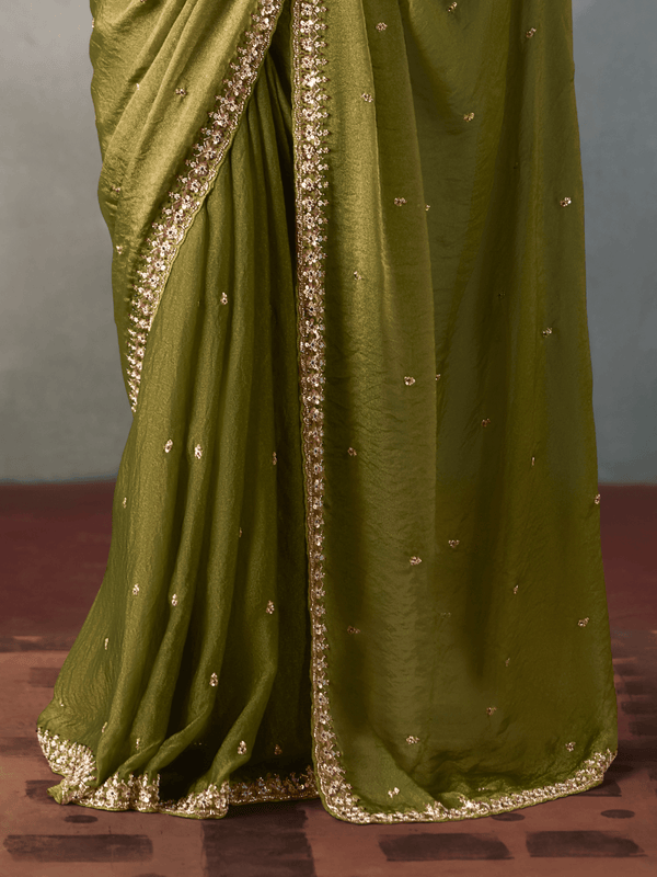Olive Green Designer Tissue Silk Saree With Contrast Blouse