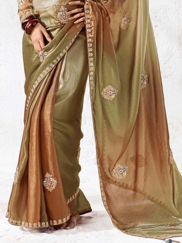 Olive Green Embroidered Designer Organza Silk Saree With Contrast Blouse