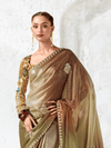 Olive Green Embroidered Designer Organza Silk Saree With Contrast Blouse