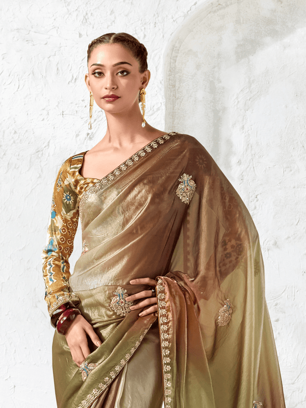 Olive Green Embroidered Designer Organza Silk Saree With Contrast Blouse