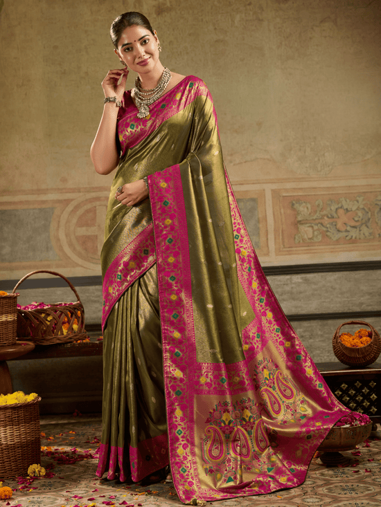 Olive Green Paithani Tissue Silk Saree With Contrast Blouse